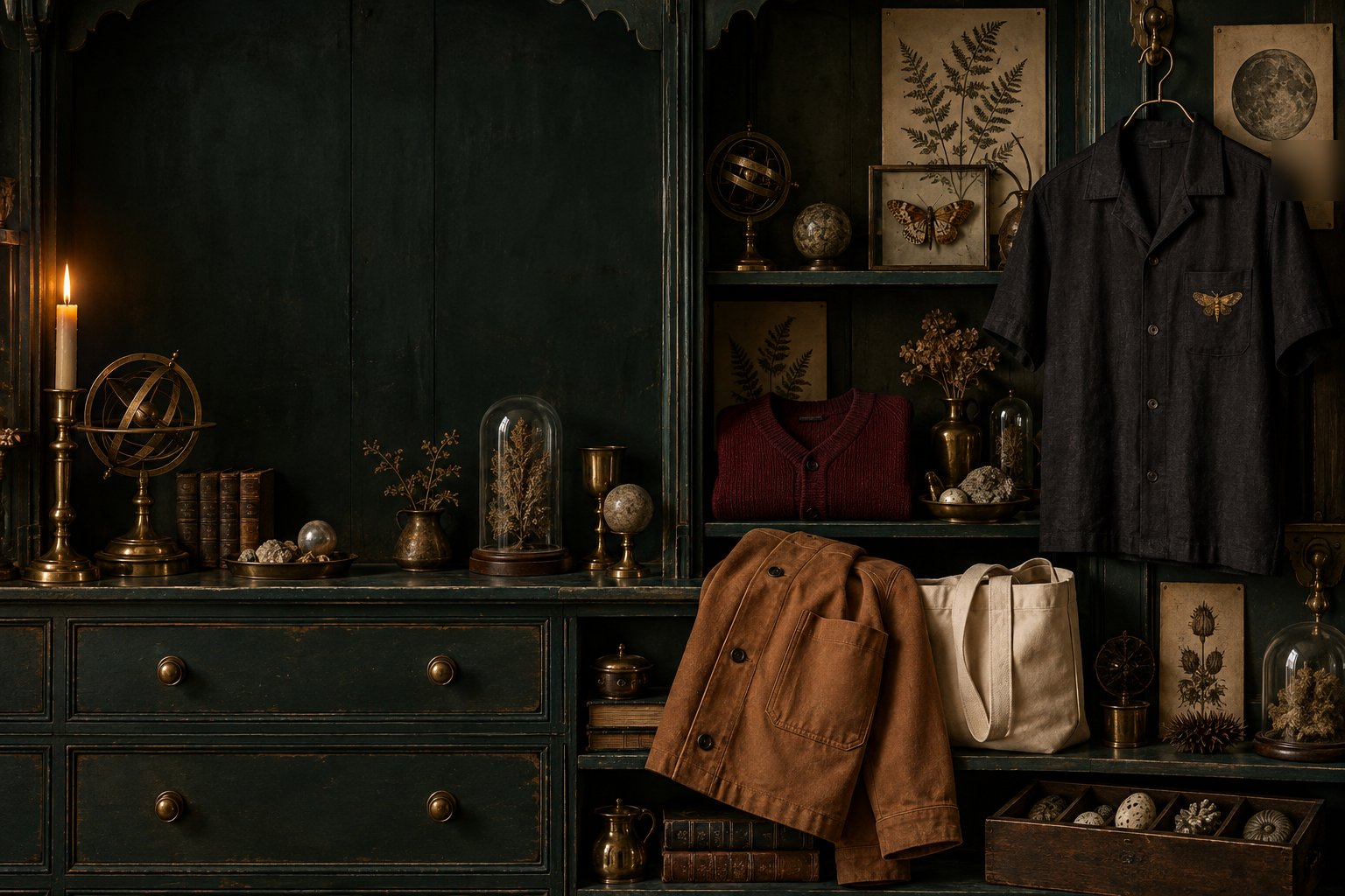 Inside the UNITEDHEALTHCARE cabinet: a charcoal camp shirt with a gold moth on the pocket hangs from a brass hook, an oxblood cardigan is folded on the shelf, a clay chore jacket and a cream tote rest below among botanical prints, brass instruments and a candle