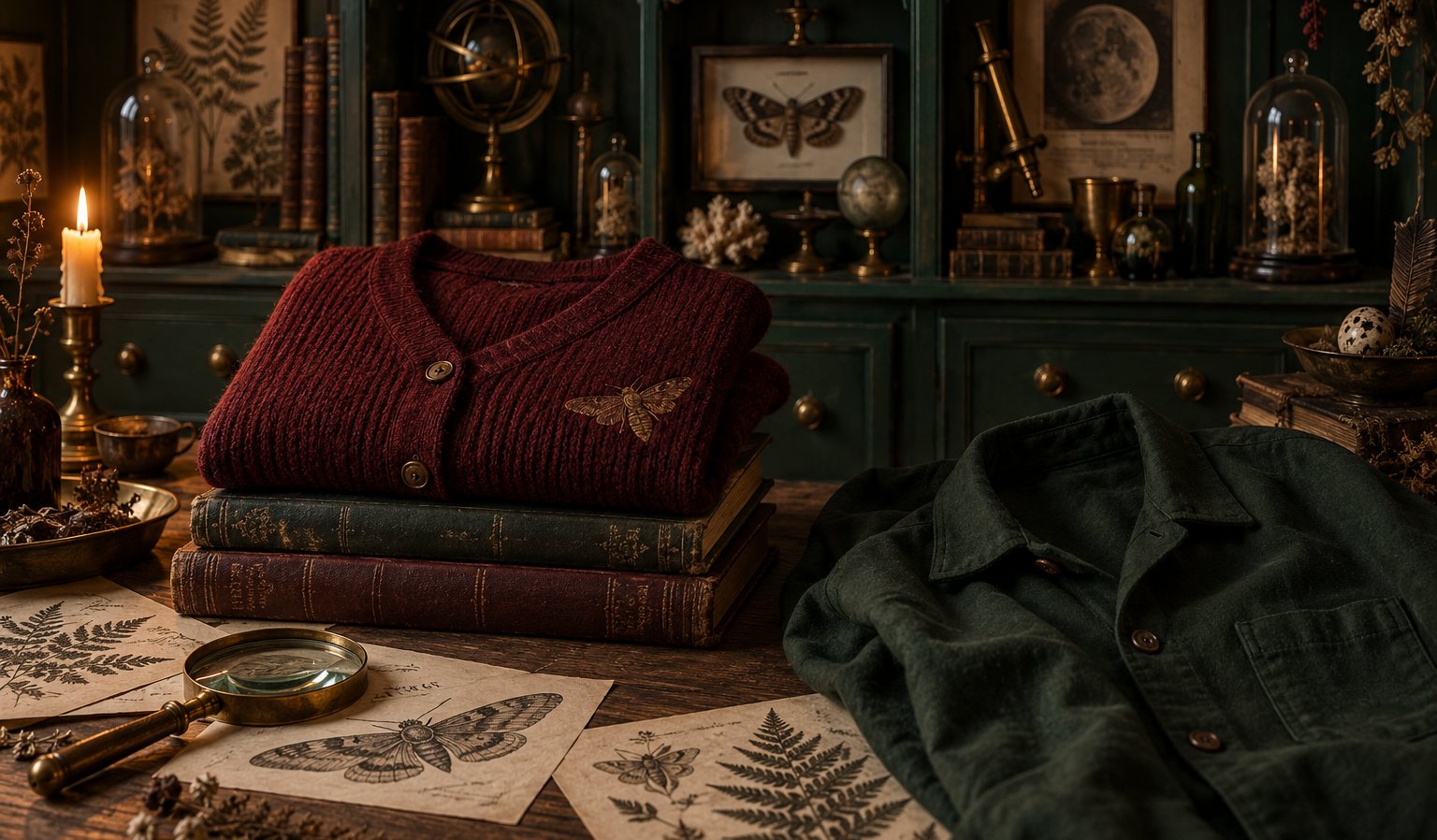 On the studio table: an oxblood knit cardigan with a gold moth folded on a stack of old cloth-bound books, a dark green camp shirt beside it, a brass magnifying glass and parchment engravings of moths and ferns